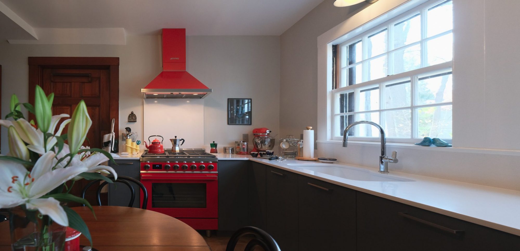 red oven in kitchen